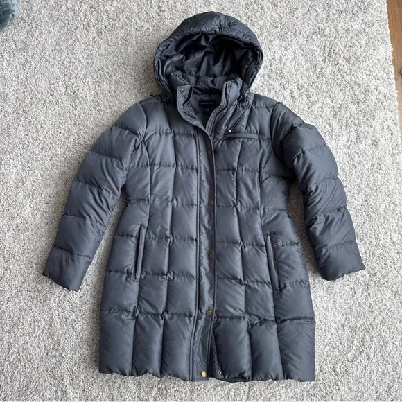 Lands’ End Gray/Blue Long Down Puffer Coat Hooded Winter Parka Women M 10-12 - Picture 1 of 11